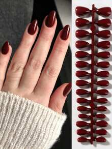150 pièces Pointes d'ongles courtes - Pointes d'ongles en forme d'amande rouge vin, faux ongles d'automne, ajustement parfait, cadeau de la Saint-Valentin, fournitures pour ongles - Rouge foncé - Voir 5