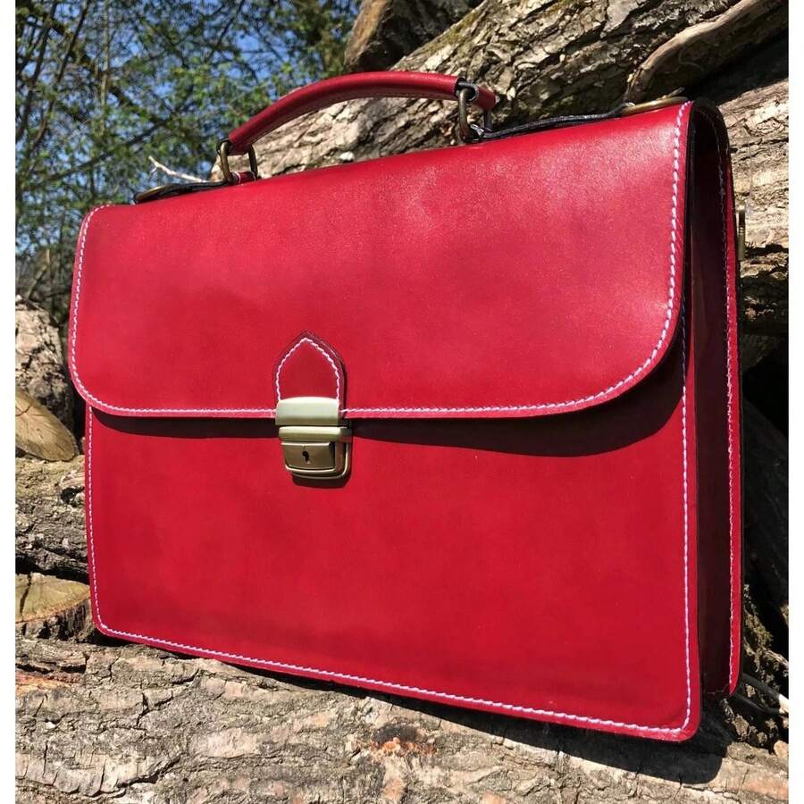15" HAND MADE ITALIAN LEAR BRIEFCASE SATCHEL LAPTOP OFFICE BAG RED MESSENGER - Rectangle - View 1