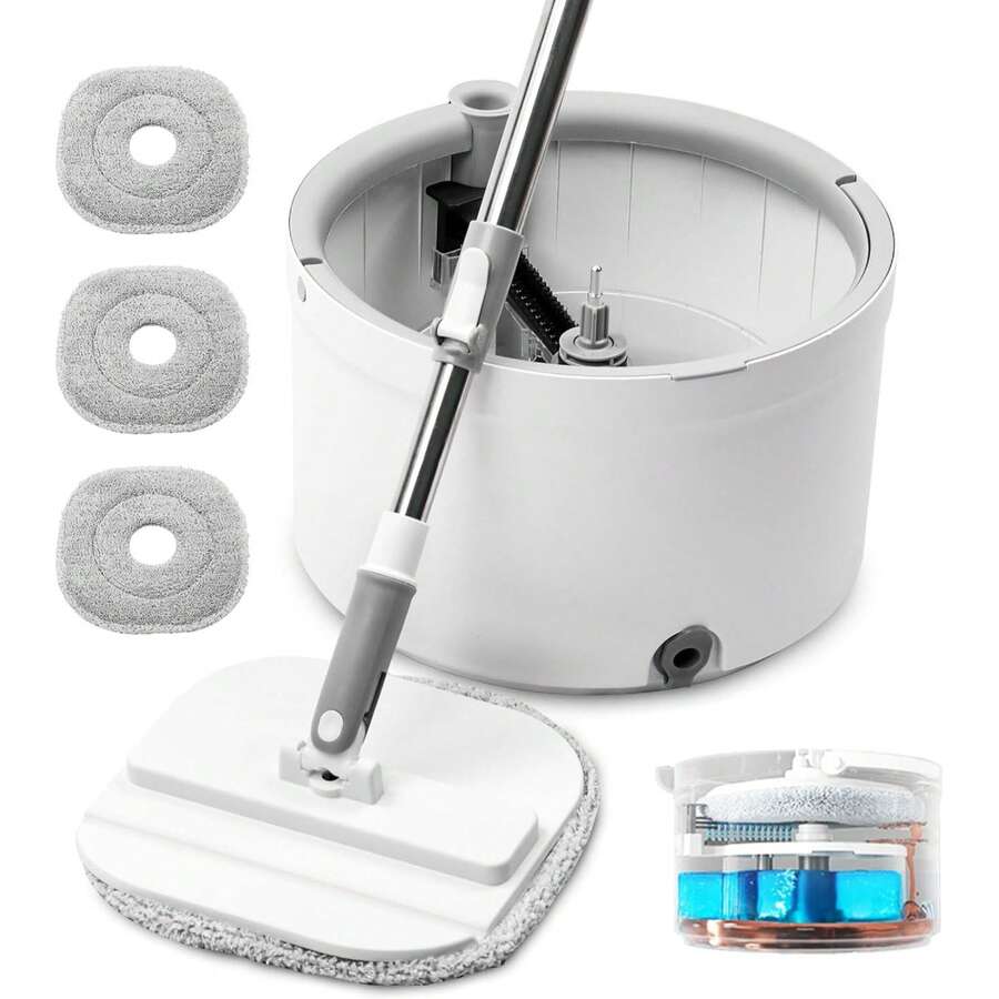 Spin Mop And Bucket With Wringer Set, 360° Spinning Mop Bucket With Separate Dirty And Clean Water System With 3 Microfiber Mop Pads And 52" Stainless Steel Adjustable Handle For Floor Wall Cleaning - 白色-2 - 查看 1