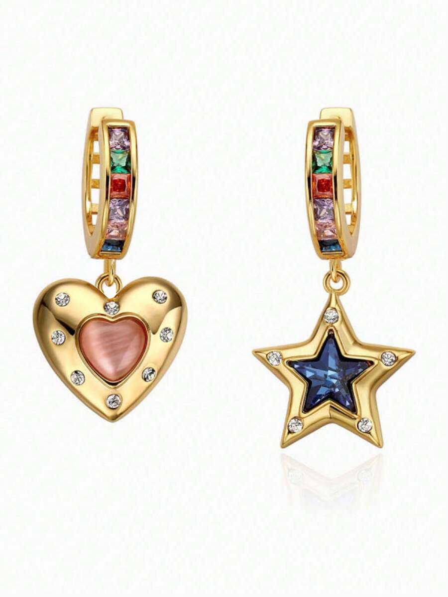 1pair Elegant European And American Cat Eye Stone Asymmetrical Star & Heart Shaped Pendant Earrings For Women, Gold-Plated & Inlaid With Zirconia, Perfect For Daily Wear And Gifts Valentines - Multicolor - View 1