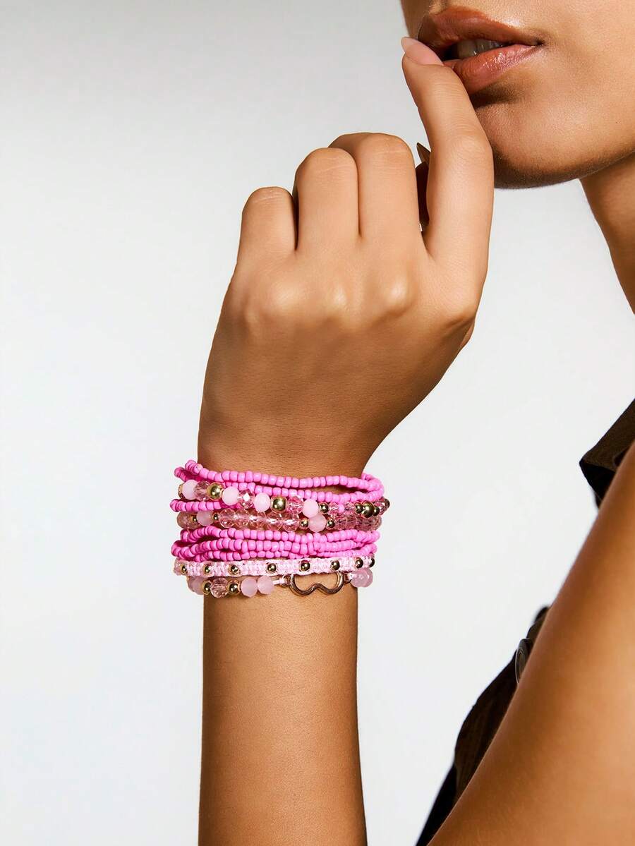 Bộ 10 chiếc/Bộ vòng tay trái tim đính hạt phong cách Bohemian thủ công dành cho nữ - Hồng - Xem 1