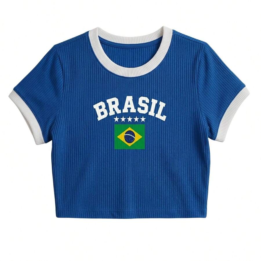 Women's Cropped Blouse Brazil Print Ribbed World Cup Premium T-Shirt - Blue - View 1