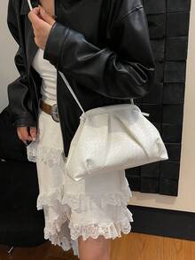 1件女款復古極簡仿編織紋理大容量百褶雲朵造型手拿包，適合派對、活動與日常穿搭，時尚酒紅色女款時尚靈感包 - 白色 - 查看 6
