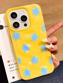 Y2K Cute Blue Plaid Star Pleated Pattern Phone Case Compatible With IPhone 17 Pro Max, 17 Pro, 17 Air, 16 Pro Max, 14, 15 Pro, 16 Plus, 13, 12, 11, Soft Phone Case (This Product Is Only A Phone Case, Does Not Include A Lanyard) - Yellow - View 3