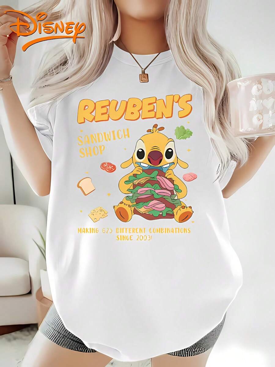 Disney Licensed Lilo & Stitch Reuben Sandwich Shop Print Women's Premium 100% Cotton Oversized T-Shirt, Cute Funny Cartoon Graphic, Casual Stylish Short Sleeve Crew Neck Tee, Ultra Soft Breathable Daily Wear For Spring Summer - trắng - Xem 1
