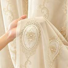 1pc Luxury French Embroidered Pearl Flower Sheer Curtain, Double-Layer Ripple Curtain Head Decor For Bedroom, Living Room, Balcony, Top Hole Installation - Beige - View 9