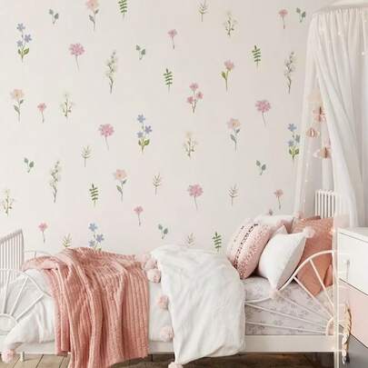 Hình dán tường hoa màu pastel, hình dán tường hoa phong cách Boho có thể tháo rời cho phòng bé gái, tranh dán tường hoa lá màu hồng tím dễ thương cho phòng trẻ sơ sinh, phòng ngủ trẻ em, trang trí mùa xuân hè.