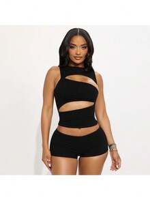 Sexy European And American Women's Clothing Spring And Summer Round Neck Pullover Hollow Vest Solid Color Hip Pants Mini Set - 黑色 - 查看 3