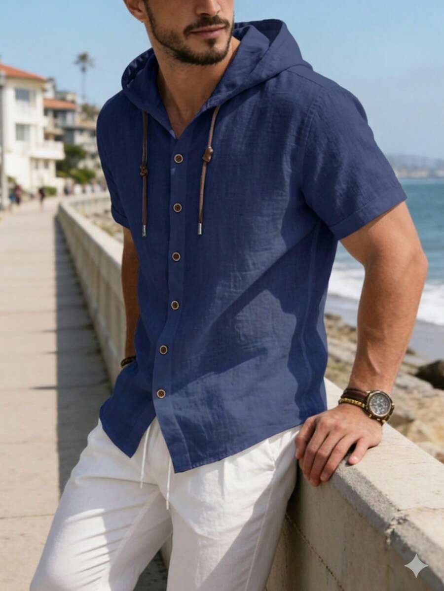 Men's Clean Fit Linen-Blend Button Up Hooded Shirt Summer Resort Wear - Navy Blue - View 1