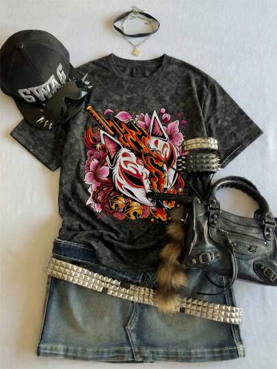 2026夏季女式复古水洗圆领短袖T恤，饰有日式狐狸面具印花，休闲宽松舒适日常上衣