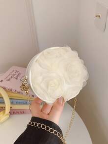 白色3D玫瑰迷你圆形包，奢华链条斜挎包，优雅风格，适合约会和晚宴 - 白色 - 查看 5