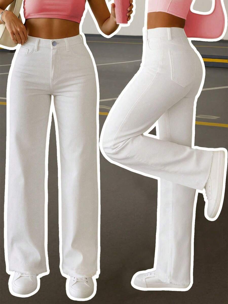 Women's Casual Versatile Solid Color Straight Leg Jeans White - White - View 1