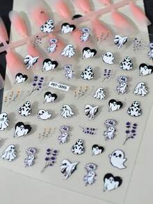1pc Cartoon Ghost Flower Nail Stickers, Self-Adhesive One-Time 3D Embossed Nail Art Decals, Nail Decorations Suitable For Theme Parties, Cool Pattern, Easy To Apply - Multicolor - View 5