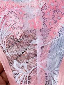 女士性感内衣套装 粉色花卉睫毛蕾丝薄纱钢圈文胸和丁字裤 两件套 - 粉色 - 查看 6