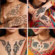 Nuevos tatuajes temporales de encaje negro de henna, tatuajes falsos impermeables, pegatinas de flores - Multicolor - Ver 4