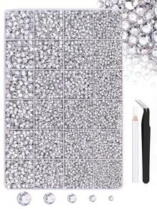 12 Grids Cear Nail Rhinestones With Tweezers & Pen,2-6mm Flat Back Crystal Glas Diamonds Gems For Nais, DIY Manicure Decorations Accessories - White - View 1