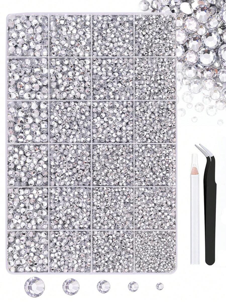 12 Grids Cear Nail Rhinestones With Tweezers & Pen,2-6mm Flat Back Crystal Glas Diamonds Gems For Nais, DIY Manicure Decorations Accessories - White - View 1