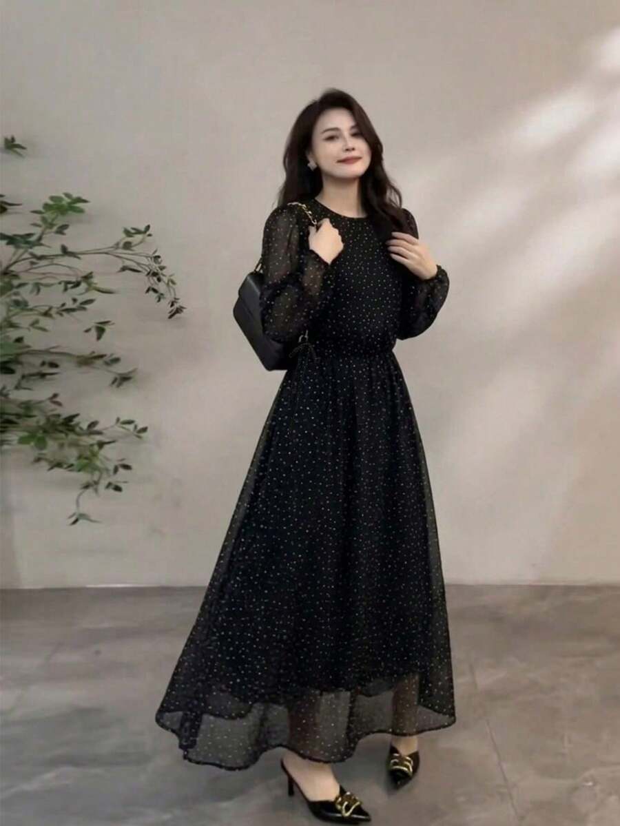 Đầm chấm bi cổ tròn dáng casual dành cho nữ, thích hợp cho hẹn hò, du lịch, đi chơi. - màu đen - Xem 1