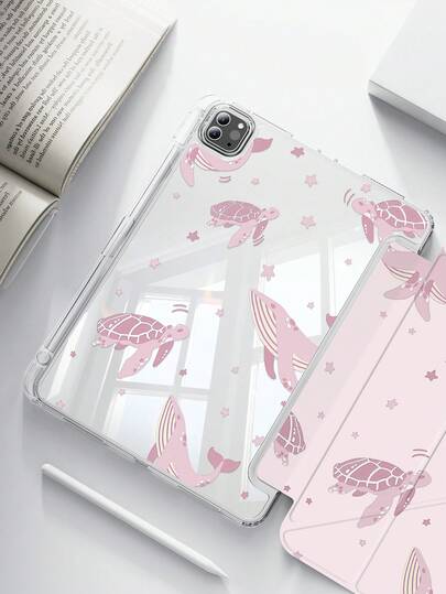A Cute Cartoon Turtle, Whale, Star Printed Acrylic Transparent Crystal Back Cover, Shock-Proof, Suitable For IPad 7th, 8th, 10th Generation (10.2 Inch), Built-In Pen Slot, Support Sleep/Wake Function, Ideal Gift Choice