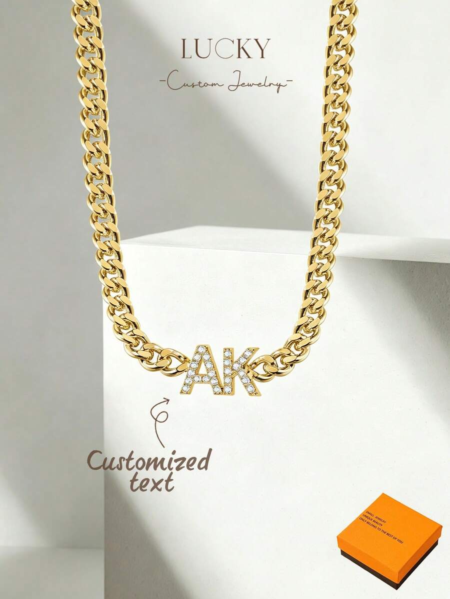 Customized Zirconia Name Necklace, Cuban Chain, Personalized Letter Necklace, Stainless Steel Nameplate Jewelry Gift For Women - Full Diamond Necklace - View 1