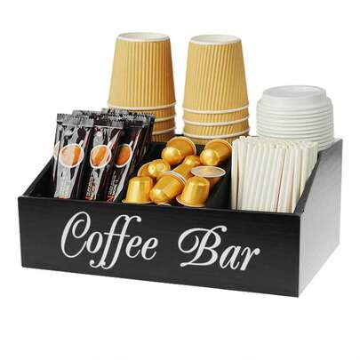 5 Compartment Wooden Coffee Bar Accessories Wooden Coffee Station Counter Vintage Kitchen Storage Shelf Black