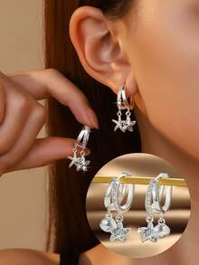 1 Pair Cute Ocean Creature Starfish & Shell Pendant Thick Silver Plated Hypoallergenic Double Arc Hoop Earrings With Cubic Zirconia, Summer Vacation Beach Style - Multicolor - View 7