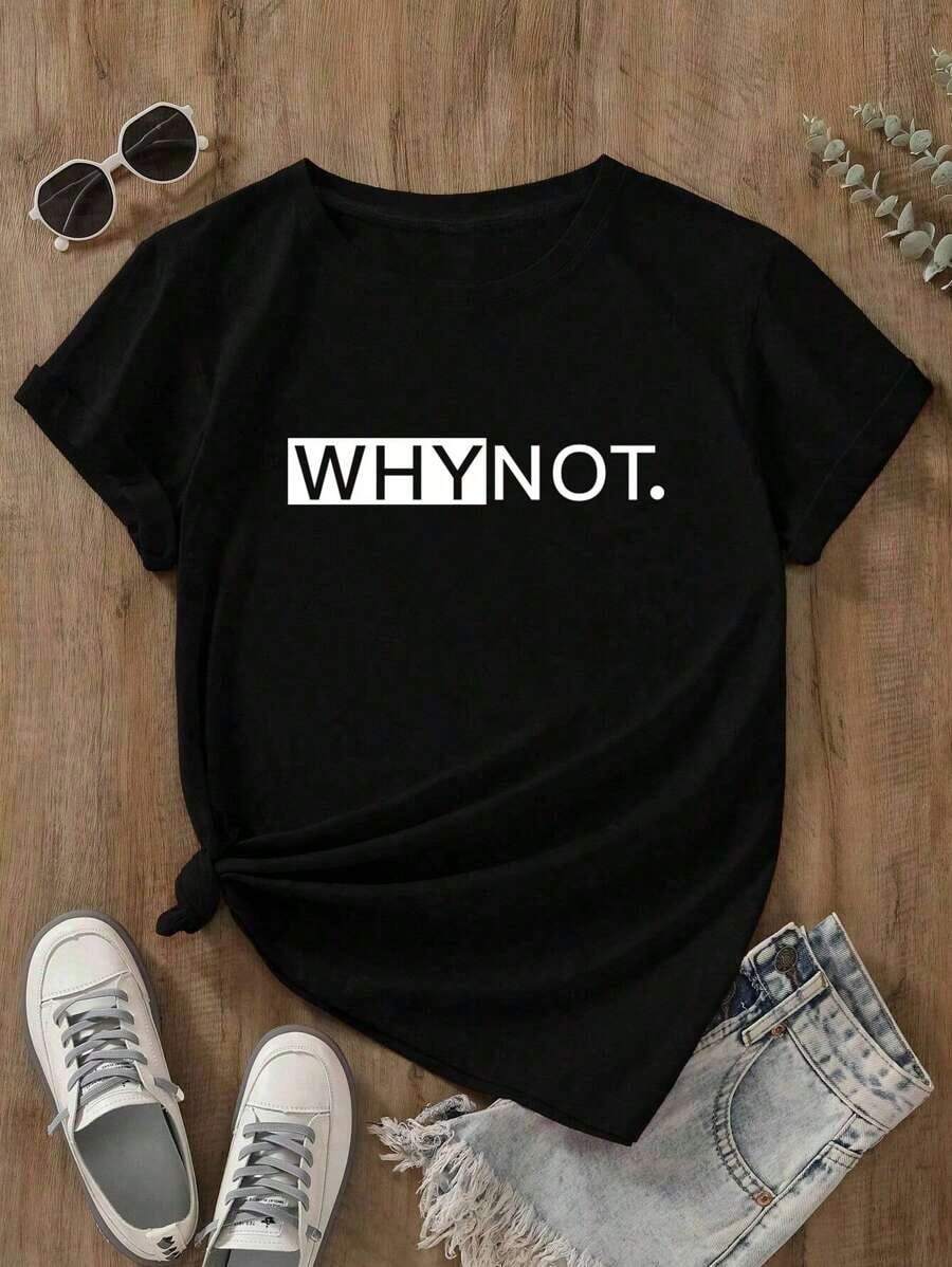 Camiseta de manga corta con estampado de letra para mujer talla grande, camiseta gráfica "¿POR QUÉ NO? ", top de verano - Multicolor - Ver 1