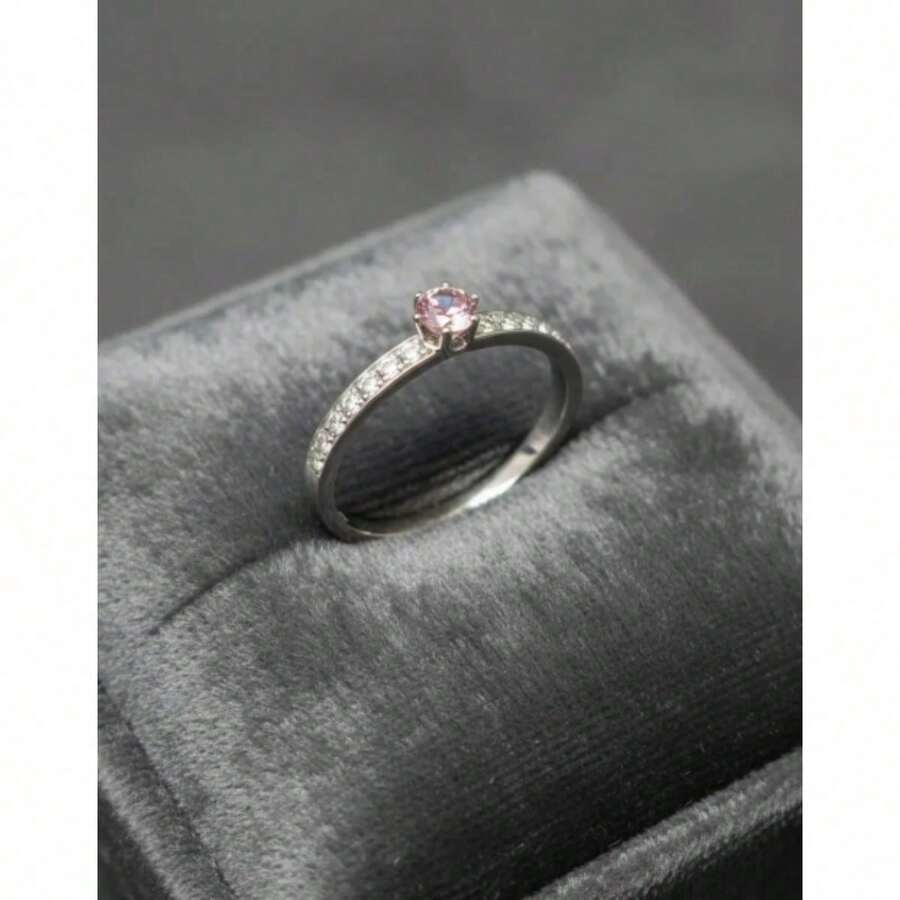 Stainless Steel Silver Solitaire/Stacking Ring With Colored Zirconia Stone, 4mm, For Graduation Or Debutante Parties. - Purple - View 1