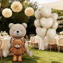 9pcs Cream Hugging Bear Foil Balloons, Cream Heart Balloons, Suitable For Birthday Party Decoration, Cartoon Bear Balloon Set - View 6