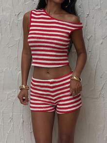 2 Stücke Damen Lässig Rot & Weiß gestreiftes Crop Top und Shorts Set mit niedriger Taille, strukturierte Häkelstrick, geeignet für Sommerurlaub und Alltagstragen - Rot-Weiß - Übersicht 4