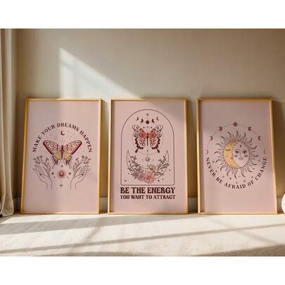 3件套无框塔罗牌墙饰，波西米亚星空印花，粉色系灵性美学，可混搭宿舍装饰，学院风占星礼物，适用于公寓、客厅、卧室、宿舍，返校季，趣味海报，房间装饰