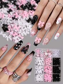 12-Grid Pink, Black & White 3D Nail Art Decorations Set, Bowknot, Heart, Star & Pearl Nail Accessories, Cute Mixed Nail Art Decor DIY Nail Tools - Multicolor - View 3