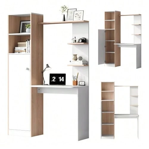 Arbeitstisch/Schreibtisch Mit Aufbewahrung – White Mit Stabholzkontrast, Unterer Schrank Mit Türen Und Oberes Offenes Regal, Büro-Design, 123.5x45x168.5 Cm - Natural - View 1