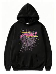 Graphic Hoodie Spider Print Drawstring Pullover Autumn Y2K Long Sleeve Sweatshirt Streetwear - Black - View 1