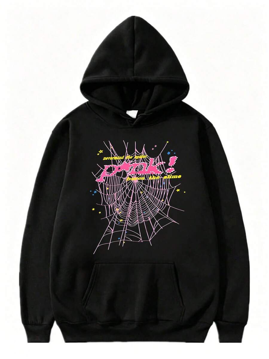 Graphic Hoodie Spider Print Drawstring Pullover Autumn Y2K Long Sleeve Sweatshirt Streetwear - Black - View 1