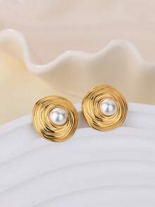 1 Pair French Vintage Faux Pearl Round Earrings For Women Gold Color Geometric Earrings Daily Wear Jewelry Mother's Day Gift - Multicolor - View 4