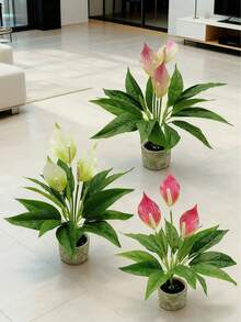1株人造马蹄莲花卉植物，白色和粉色花朵，3片绿叶，适合室内外装饰（不含花盆） - 彩色 - 查看 4