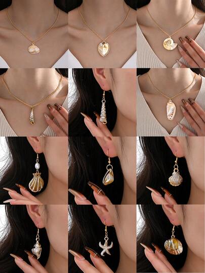 3pcs/Set (1 Necklace & 1 Pair Earrings) Fashionable Minimalist Elegant Bohemian Starfish, Shell, Heart, Conch Necklace And Earrings Jewelry Set, Suitable For Summer Beach, Date, Party, Gift For Girlfriend, Wife, Mom, Friend, Daily Wear