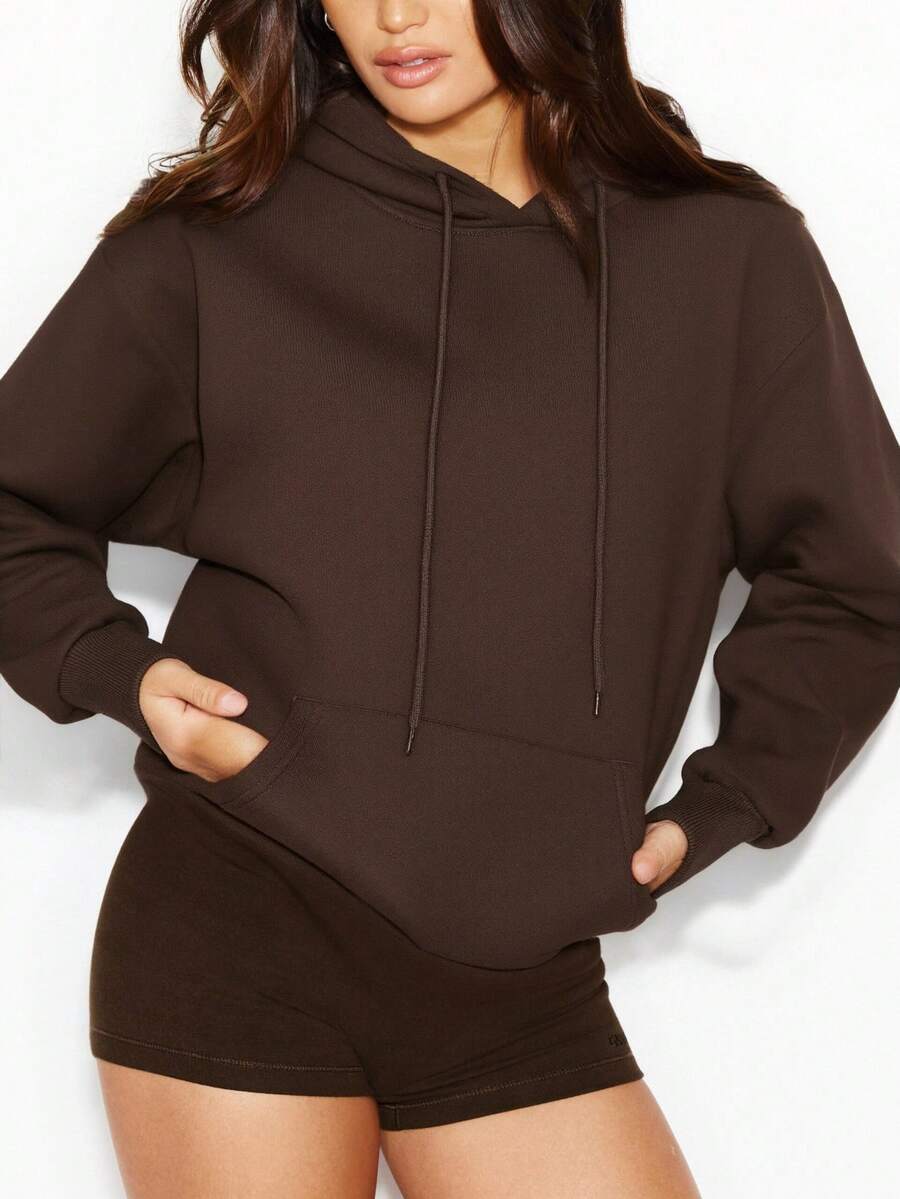 Speed mate 女士保暖连帽卫衣，休闲落肩套头衫，卡其色/深棕色长袖卫衣，秋冬时尚外套，返校教师套装