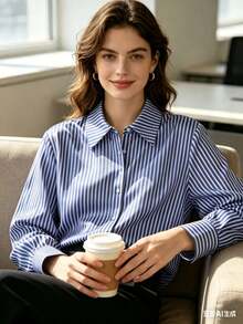 Textured Long-Sleeved Stripe Shirt With V-Neck - Blue and White - View 2