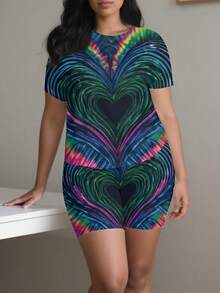 Summer Outfits For Women Tie Dye Heart Pattern 2026 Summer New Styles Women's Plus Size Short Sleeve T-Shirt Set Two Piece Set Vibrant Rainbow Heart Design Perfect For Beach Parties And Music Festivals Ideal Gift For - 白色 - 查看 3