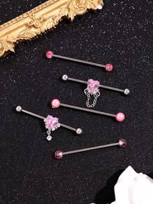 Pink Heart Crystal Industrial Barbell Earrings, Y2K Style Cute Dangle Chain Cartilage Earrings - Multicolor - View 3
