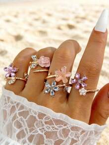 imoli 4pcs Minimalist Fashion Metal Inlaid Pearl & Rhinestone Flower Design Stackable Adjustable Rings Set, Versatile For Daily Wear, Dates, Commute, Perfect Gift - 30701-ring-g-eP - View 2
