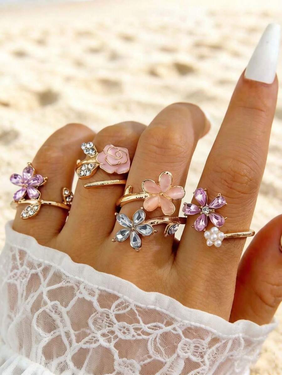 imoli 4pcs Minimalist Fashion Metal Inlaid Pearl & Rhinestone Flower Design Stackable Adjustable Rings Set, Versatile For Daily Wear, Dates, Commute, Perfect Gift