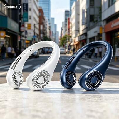 REMAX F23 Bladeless Neck Fan, Top & Bottom Air Outlet, High Air Volume, Quiet, Long Battery Life, Silicone Halter For Easy Storage And Fit Different Neck Sizes, Metal Texture, Stylish, Suitable For Outdoor & Home Use