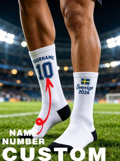 1pc Customized Name & Number Sweden 2026 Flag Slogan Print Soft Elastic Breathable Comfortable Round Neck Socks, Suitable For Football Training, Match, Daily Wear, 2026 World Cup Fan Gear, Ideal Gift For Football Fan Boyfriend, Husband, Son, Friend, Father