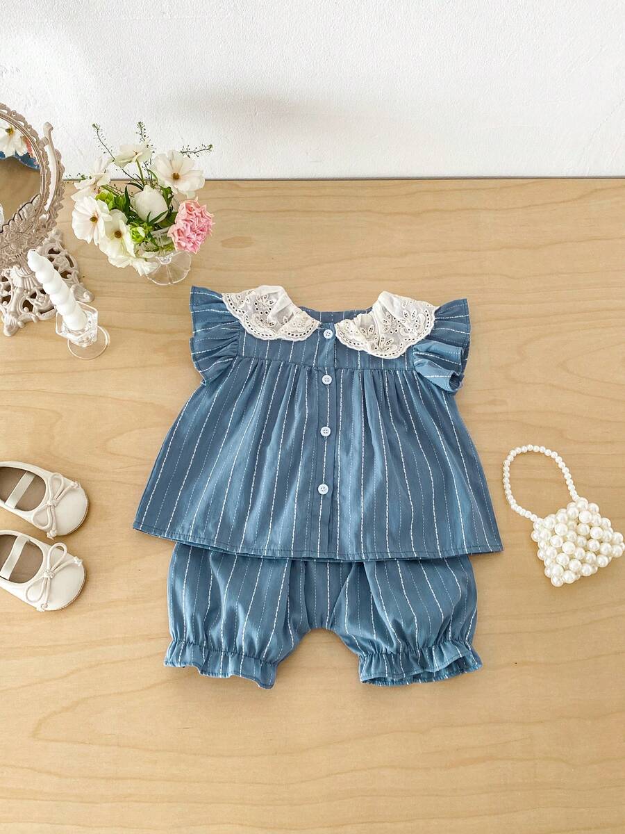 2pcs Girls Outfit, Blue & White Striped Sleeveless Shorts, Lace Trim Cap Sleeve Top + Ruffle Hem Shorts, Summer
