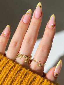 NAIO 24pcs/Set Spring And Summer Press On Nails Short Almond Nail Tips, Y2K Baddie Style, Available In Nude And Yellow Colors, This French Manicure Features A Pointed Tip And A Small Bee Design.Suitable For Women And Girls, Party, Daily Wear, Comes With Tool Kit, Great Gift For Ladies Nails Nail Supplies - Multicolor - View 1