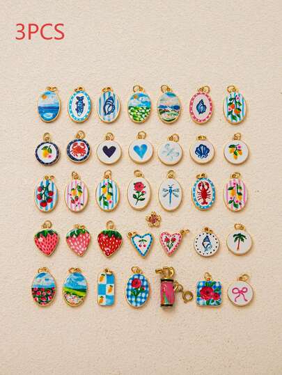 3pcs Summer Painted Illustration Pendant, Cartoon Pastoral Style, Enamel Drip Craft, 14K Gold Plated, Copper Jewelry, Suitable For DIY Jewelry Making Accessories, Such As Bracelets, Anklets, Necklaces, Body Chains, Etc.