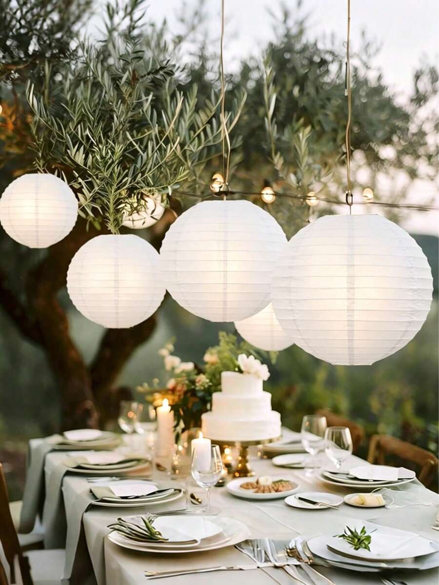 5pcs White Paper Lantern Set, Easy To Hang 6", 8", 10" Round Chinese Style Paper Lanterns, Suitable For Wedding Party, Anniversary Celebration And Various Festive Occasions, Indoor And Outdoor Decor - White - View 1